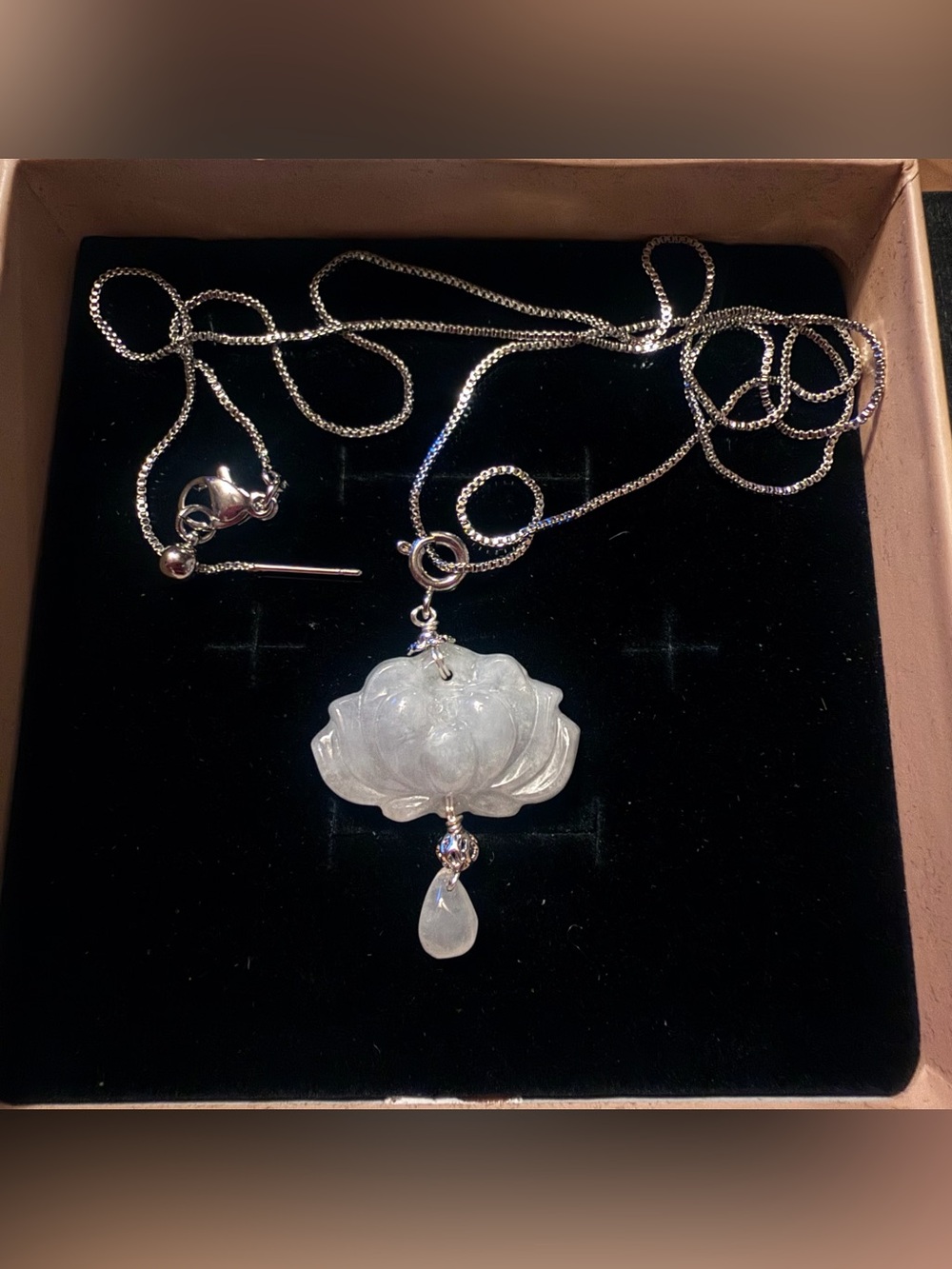 Carved White Jade Lotus Pendant Necklace with Silver Chain